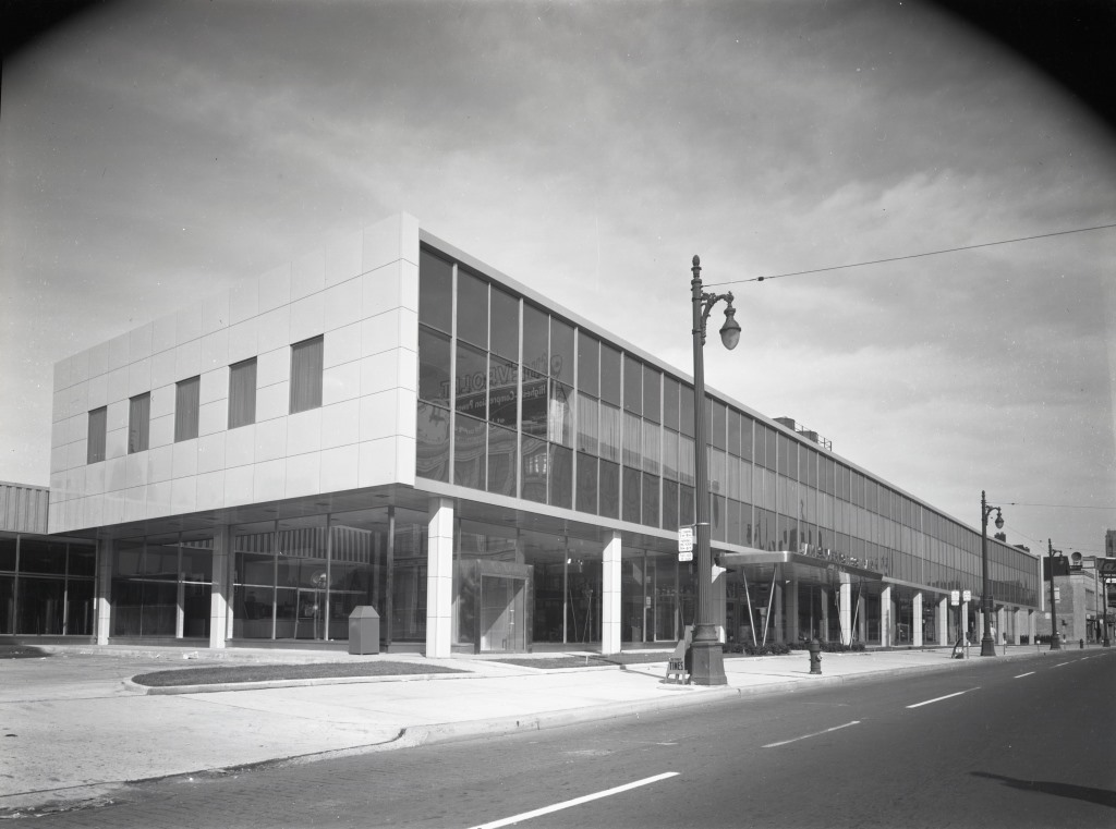 2009.004.154a The building stood in stark contrast to ornate street lamps along Woodward Ave, c. 1965.