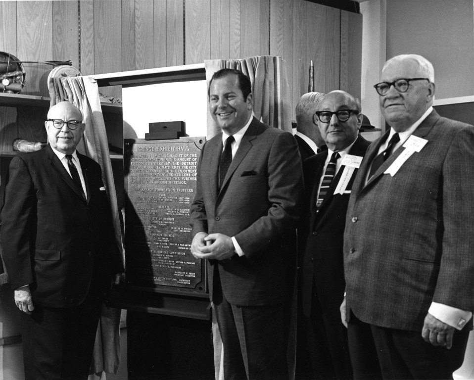 2013.041.136 Kresge Exhibit Hall Dedication Left to right: Mr. Stanley S. Kresge, Mayor Jerome Cavanagh, Mr. Leonard N. Simons, and Mr. Gordon Rice.