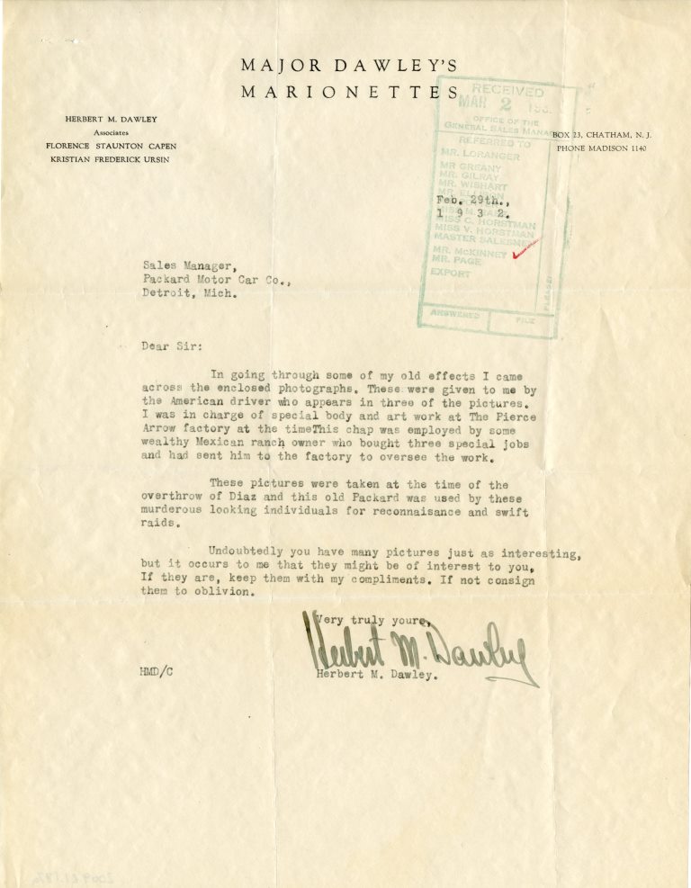 2009.021.187a Letter from H.M. Dawley to Packard Sales Manager, 1932.