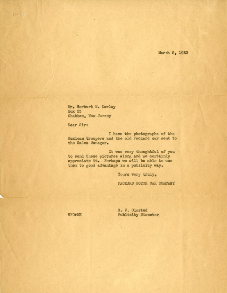 2009.021.187a Response from H.F. Olmsted, Packard Publicity Director, 1932.