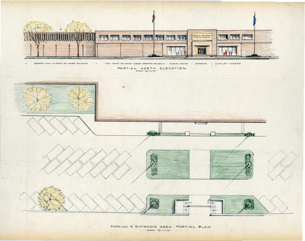 2013.049.214 c. 1965, Elevation and the parking plan for the Detroit Industrial History Museum.