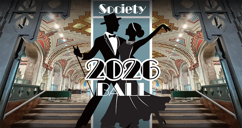 Silhouettes of a dancing couple in formal attire in an ornate ballroom setting, text overlay "2026 Ball".