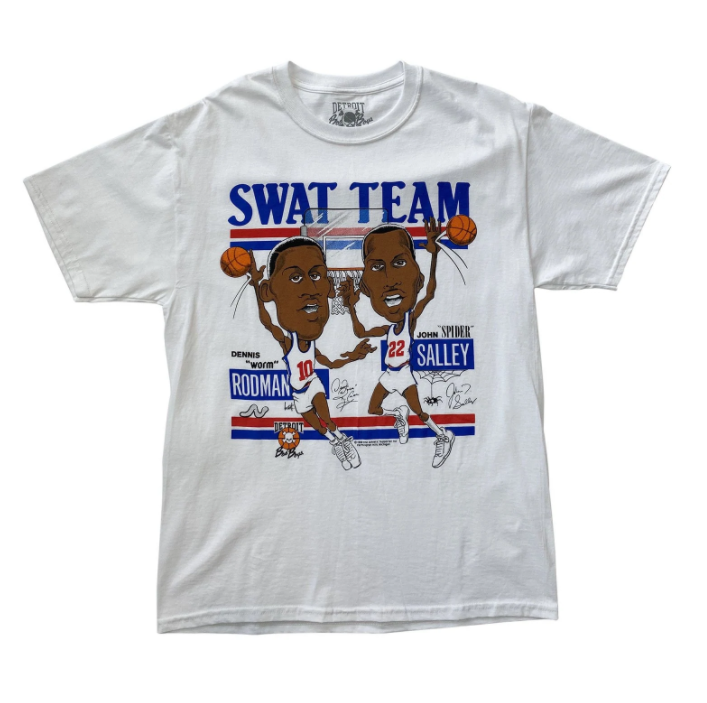 Swat Team Shirt from the Detroit Historical Museum Store. White Shirt depicting Detroit Pistons players Dennis Rodman and John Salley.