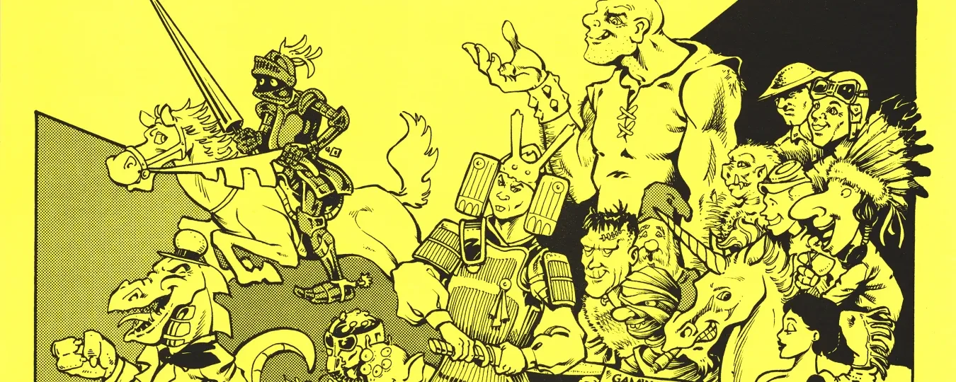 Comic-style illustration of various fantasy characters on a yellow background, with promotional text above.