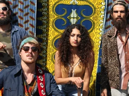 A band with colorful attire posing in front of an ornate, patterned backdrop.