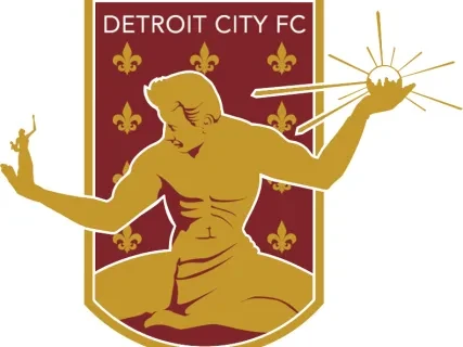 Maroon and gold Detroit City FC logo with a stylized human figure and fleur-de-lis symbols.