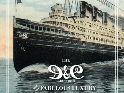 A vintage illustration of a luxury ocean liner at sea with decorative elements and a logo at the top left.