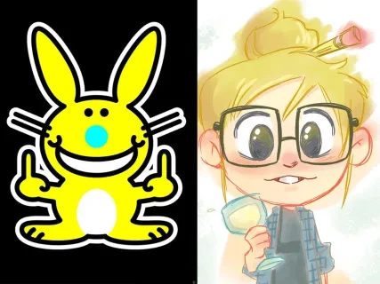 Yellow cartoon bunny next to an illustrated person with glasses and a pencil in their hair, holding a cup.