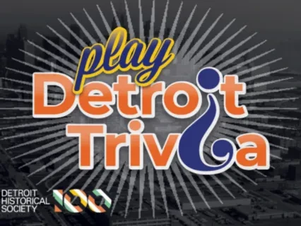 Detroit skyline silhouette with "Play Detroit Trivia" text over sunburst design.