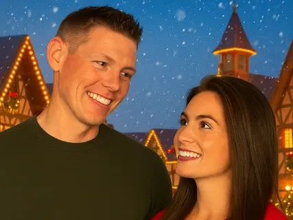 Couple smiling outdoors, festive lights and quaint buildings in the background.