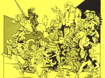 Comic-style illustration of various fantasy characters on a yellow background, with promotional text above.