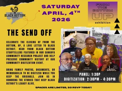 Event flyer with portraits of diverse individuals, announcing "The Send Off" at Detroit Historical Museum, April 4, 2026.
