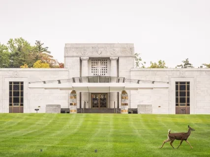 Deer walking across a manicured lawn in front of a grand white stone building.