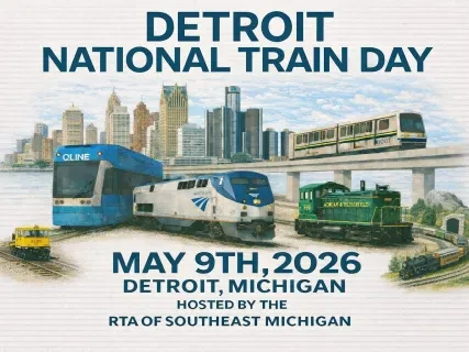 Train-themed graphic with cityscape, featuring various trains against a Detroit skyline and event date May 9th, 2026.