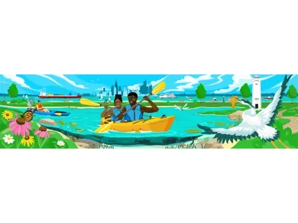 Two people kayaking on a vibrant blue river, surrounded by green fields and flowers, with a lighthouse and seagull nearby.