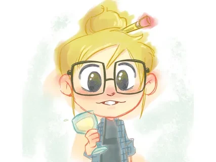 Cartoon character with glasses and a pencil in hair, holding a drink.