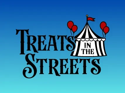 Treats in the Streets logo with a circus tent and red balloons on a blue gradient background.
