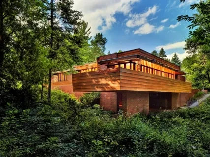 Modern wooden house surrounded by lush greenery and tall trees under a bright blue sky.
