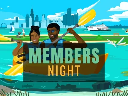 A smiling couple kayaking on a river, city skyline in the background, text overlay says "Members Night."