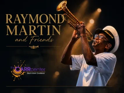 A trumpet player performs under warm stage lights, wearing a white shirt and hat, with text and logos around.