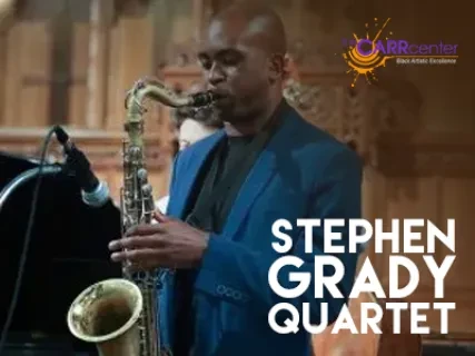 Musician playing saxophone on stage, wearing a blue blazer, with text overlay "Stephen Grady Quartet."