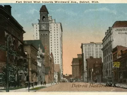 Postcard - Fort Street West towards Woodward Ave., Detroit, Mich.