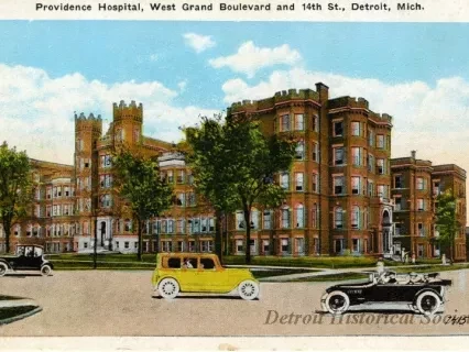 Postcard - Providence Hospital, West Grand Boulevard and 14th St., Detroit, Mich.