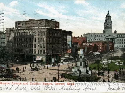 Postcard - Munroe Avenue and Cadillac Square, Detroit, Mich.
