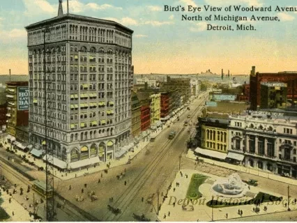 Postcard - Bird's Eye View of Woodward Avenue, North of Michigan Avenue, Detroit, Mich.