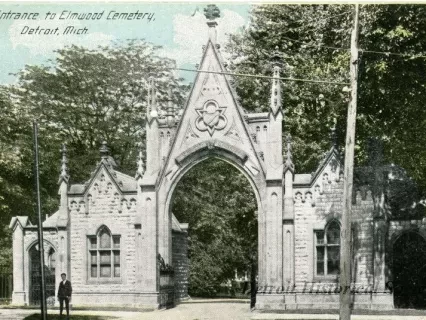 Postcard - Entrance to Elmwood Cemetery, Detroit, Mich. - Elmwood Cemetery