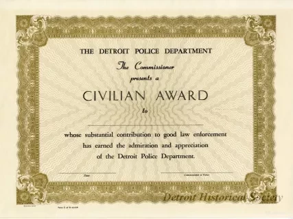 Certificate - The Detroit Police Department
Civilian Award