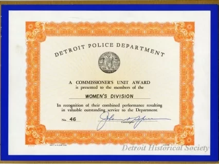 Certificate - Detroit Police Department
Commissioner's Unit Award