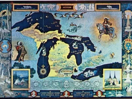 Postcard - Map of Michigan - Detroit Public Library Mural