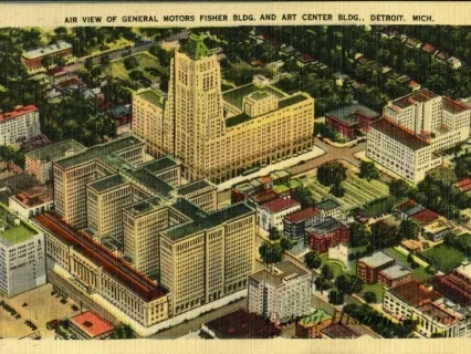 Postcard - Air View of General Motors Fisher Bldg. and Art Center Bldg., Detroit Mich.