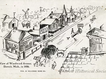 Postcard - View of Woodward Avenue, Detroit, Mich. in 1826.