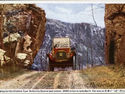 Postcard - Pathfinding for the Glidden Tour - Detroit to Denver and return.  2600 miles in rainy April.  Car was an E-M-F "30" - Price $1250.