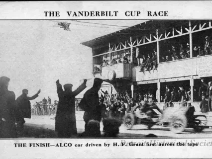 Postcard - The Vanderbilt Cup Race.
The Finish - ALCO car driven by H.F. Grant first across the tape