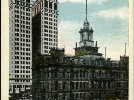 Postcard - Dime Savings Bank and City Hall, Detroit.