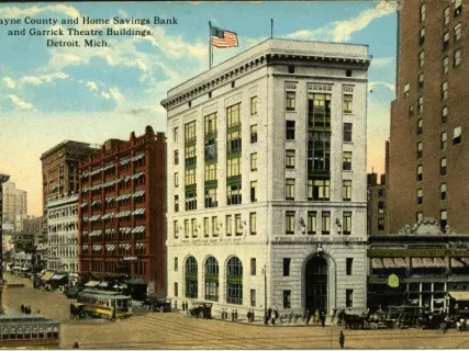 Postcard - Wayne County and Home Savings Bank and Garrick Theatre Buildings, Detroit, Mich.