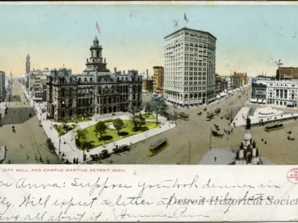 Postcard - City Hall and Campus Martius. Detroit, Mich.