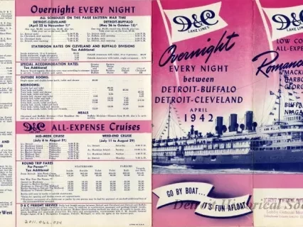 Booklet - D&C Lake Lines Low Cost All-Expense Romance Cruises to Mackinac Island, Harbor Springs, Georgian Bay, visit Buffalo and Niagara Falls.