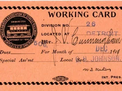 Card, Union - Working Card
Amalgamated Association of Street Railway Employees of America