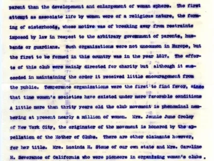 Letter - The Growth of the Woman's [Women's] Club Movement