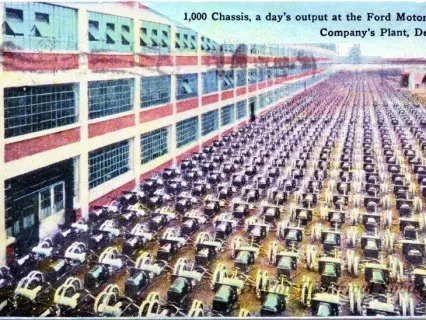 Postcard - 1,000 Chassis, a day's output at the Ford Motor Company's Plant, Detroit - 1,000 Chassis, a day's output at the Ford Motor Company