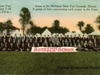 Postcard - Scene at the Michigan State Fair Grounds, Detroit. A group of boys representing each county in the State. State Fair. Sept 7-18 -1914-