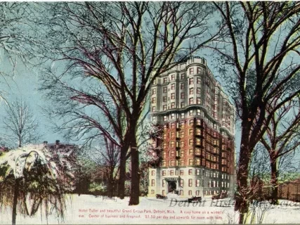Postcard - Hotel Tuller and beautiful Grand Circus Park, Detroit, Mich. A cosy home on a winter's eve. Center of business and fireproof. $1.50 per day and upwards for room with bath.