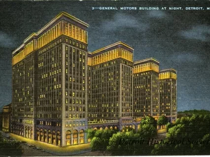 Postcard - General Motors Building at Night, Detroit, Mich.