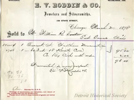 Receipt - E. V. Roddin & Co.
Jewelers and Silversmiths