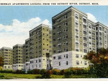 Postcard - Berman Apartments Looking from the Detroit River, Detroit, Mich.