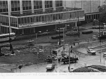 Print, Photographic - Trolley Station Construction and Cobo Hall from Veterans Bld. Penthouse